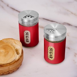 STJKBDFC Sugar Shaker Duster Stainless Steel and Glass Set with Adjustable Pour Holes Cinnamon Shaker For Coffee Bar,set of 2 (Red)