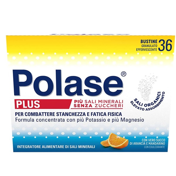 Polase Plus, Magnesium and More Potassium, Food Supplement of Mineral Salts, Against Fatigue and Fatigue, Orange and Mandarin Taste, 36 Sachets