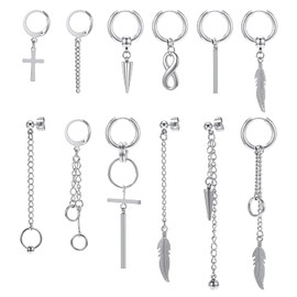 PunkTracker 12 Pcs Dangle Cross Earrings for Men Surgical Steel Earrings Sets Dangling Chain Hypoallergenic Earrings Hoops (Silver B)