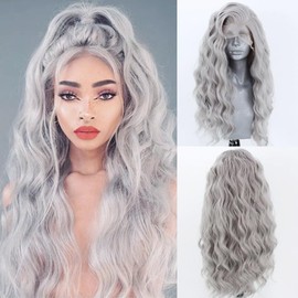 KAMIMASU Light Platinum Grey Long Curly Silver Blonde 13x4 Lace Front Wigs Synthetic Lace Front Wig Heat Resistant Fiber Half Hand Tied Middle Parting 180% Density Hair for Women 24 inch