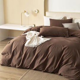 JIYUAN 100% Washed Cotton Duvet Cover Set Comfy Simple Style Soft Breathable Textured Durable Linen Feel Bedding for All Seasons Queen, Solid Chocolate Brown