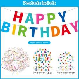 Colorful Birthday Party Supplies, Colorful Dots Birthday Tableware sets, Includes: Happy Birthday Plates ,Tablecloth, and Rainbow Dots Banner, Ballons Birthday Decorations for Boys and Girls