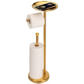 Noonext Gold Toilet Paper Holder with Shelf, Freestanding Toilet Paper Holder with Big Tray for Bathroom, Heavy Base No Tipping Over (Stainless Steel, Gold)