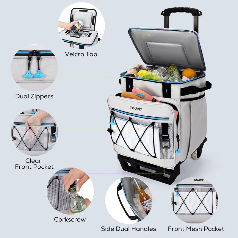 TOURIT 75 Can Insulated Rolling Cooler, Detachable Double Deck Beach