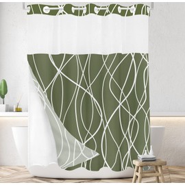 Tititex No Hooks Snap in Liner Abstract Curve Lines Olive Green White Shower Curtain, Hotel Luxury Double Layers No Hooks Waterproof Fabric & See-Through Top Window Bathroom Decorative 71x71 Inch