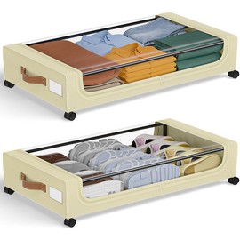 GoMaihe Under Bed Storage with Wheels: XXL 48L Rolling Underbed Storage Containers with Lids - Space-Saving Easy Pull-out Grey 2-Pack - Color: Cream, Number of items: 2-pack