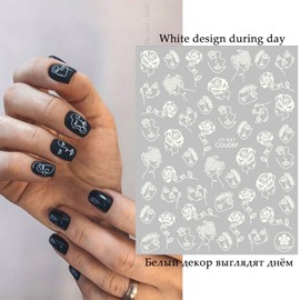 Abstract Nail Art Stickers, Holographic Luminous 3D Self-Adhesive Sticker Design, Flowers Leaf Abstract Girls Moon Nail Art Decals for Women Manicure Charms Decoration, Glow in The Dark Nail Decal