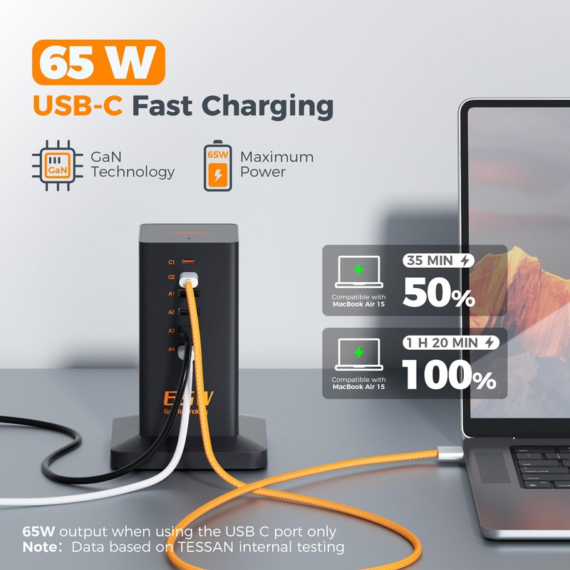 Charging Station for Multiple Devices, TESSAN 65W Multi USB Charger