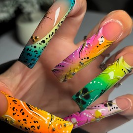 Extra long Curved Press on Nails Square Fake Nails French Tip False Nails with Leopard Designs Stick on Nails Sparkly Artificial Nails Cute Glue on Nails foe Women 20pcs