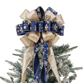 Christmas Tree Topper, 40x13 Inches Toppers Bow with Glitter Satin Mesh Streamer and Patterned Ribbon, Christmas Tree Topper Bow for Christmas Home Decoration (Blue Golden)