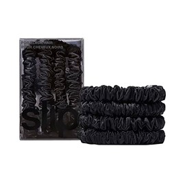 Slip Silk Skinny Scrunchies - Negro | Juego de 4 coleteros delgados de seda pura | 100% seda de morera, antiarrugas, suave en el cabello, reduce la rotura, elegante y duradero, ideal para todo tipo de
