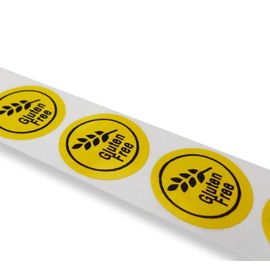 100 x 25mm Round Yellow Gluten Free Labels Permanent allergen Safety Intolerance Stickers