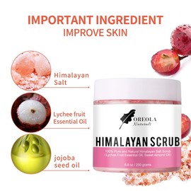 Himalayan Salt Scrub With Lychee Oil & Sweet Almond Oil 8.8oz/250g For Exfoliating, Deep Pore Cleansing & Moisturizing Scrub by Oreola Naturals