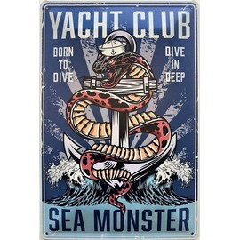 DekoNo7 Tin Sign 30 x 20 cm Yacht Club Born to Dive - Dive in Deep - Sea Monster - Vintage Craftman Sign