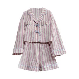 DSANSIWU Women's Lace Up Front Floral Stripe Print Long Sleeve Ruffle Wide Leg Shorts Y2K 2 Piece Pajamas, A-pink