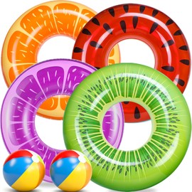 FindUWill Paquete de 6 flotadores de piscina para niños, anillos de natación para piscina (paquete de 4) – 4 flotadores grandes inflables para playa y natación con 2 pelotas de playa para adultos