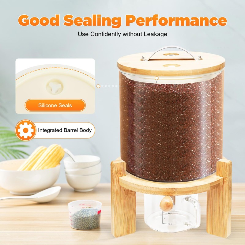Glass Rice Dispenser with Airtight Lid, Wooden Stand & Measuring