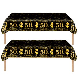 COSORO 2pcs Black Gold Happy 50th Birthday Table Cloth,137*274cm 50th Tablecloth for Men Women 50th Birthday Table Decorations,Plastic Tablecloths Table Cover for Him Her 50th Birthday Decorations