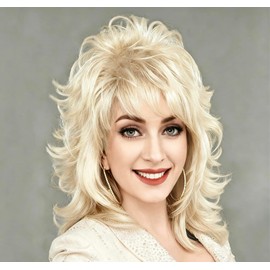 Salaibs Blonde Layered Wig for Women 70s Curly Shoulder Length Shaggy Wig with Bangs Long Soft Synthetic Wig for 80s Daily Party Use