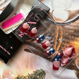 Independence Day Press on Nails French Tip Fake Nails Blue Red False Nails with White Star Designs Nail Glitter Glue on Nails Stick on Nails Full Cover Cute Acrylic Nails Matte Artificial Nails