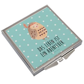 Mr. & Mrs. Panda Handtaschenspiegel quadratisch Eule Federschmuck - Geschenk, Reisespruch, Das Leben ist ein Abenteuer, Owl, Schminkspiegel,