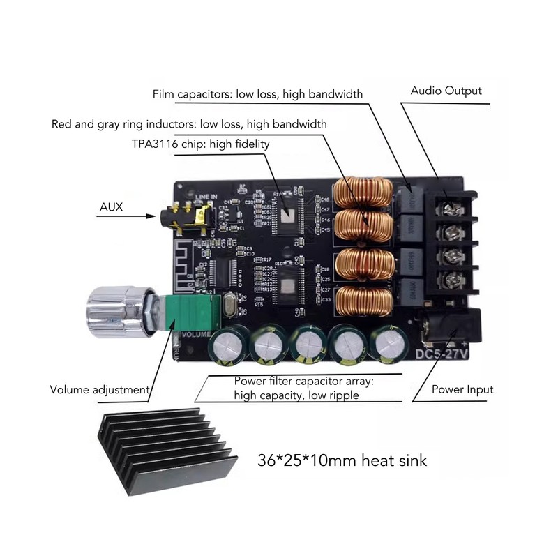 HiFi Bluetooth Power Amplifier Board Dual TPA3116D2 Chips AUX Bluetooth