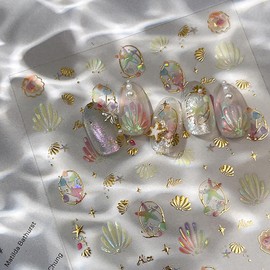 5D Embossed Shell Nail Stickers Self-Adhesive Summer Beach Nail Art Stickers Cute Seashell Starfish Designs Nail Art Supplies Holographic Ocean Life Nail Decals for Women Girls Acrylic Nail Salon