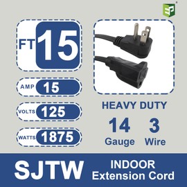 EP - Cable de extensión para electrodomésticos de alta resistencia de 15 pies, calibre 14, cable SPT-3, ideal para acondicionadores de aire, refrigeradores y electrodomésticos, uso en interiores,