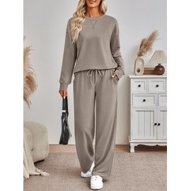 AUTOMET 2 Piece Sets for Women Travel Outfits 2025 Fall Matching Lounge Set Oversized Sweatshirt Wide Leg Pants CoffeeGrey L