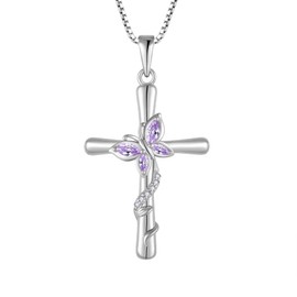 Blaniy Cross Necklace for Women 925 Sterling Silver Butterfly Necklace Alexandrite Pendant Necklaces June Birthstone Jewelry Gifts for Women
