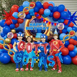 Red Blue Gold Hedgehog Birthday Party Decorations with Letter Lightning foil balloons Banner background backdrop for kid video game Cartoon Movies Super hero themed birthday gamer party decor