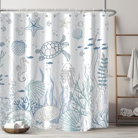 Nautical Coastal Turtle Shower Curtain, Coral Starfish Seashell Ocean Themed Bathroom Curtain, Underwater Seahorse Bathroom Decor Blue 72 x 72 inch