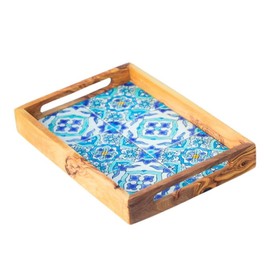 Kamsah Olive Wood Serving Tray with Handles (L:13”, W:9”) Decorative Rectangle Serving Trays for Serving Food, Drinks, Tea, Coffee -Rustic Vintage Wooden Serving Tray for Table & Gifts - Sidi Bou Said