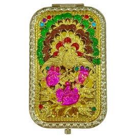 ZHU YU CHUN 1PC Vintage Peacock Spreads Tail with Purple Flower Pattern Cosmetic Makeup Pocket Purse Magnification Jewel Mirror （Rectangle）