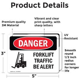 (2 Pack) Forklift Traffic Be Alert OSHA Danger Sign 5 Inch X 3.5 Inch Vinyl Label Decal Sticker Weather Resistant, UV Protected for Workplace, Business, and Construction Site, Made in the USA
