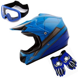 WOW Youth Kids Motocross Helmet BMX MX ATV Dirt Bike Helmet Spider Blue + Goggles + MG Youth Blue Glove Bundle
