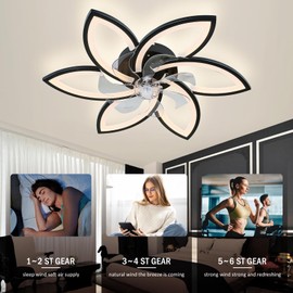 Cainjiazh Ceiling Fan with Lights and Remote Control Low Profile Ceiling Fan with Lights Modern Dimmable Flower Shape 29.1" Black, 6 Speeds 3 Light Color Flush Mount Fandelier for Kitchen Bedroom