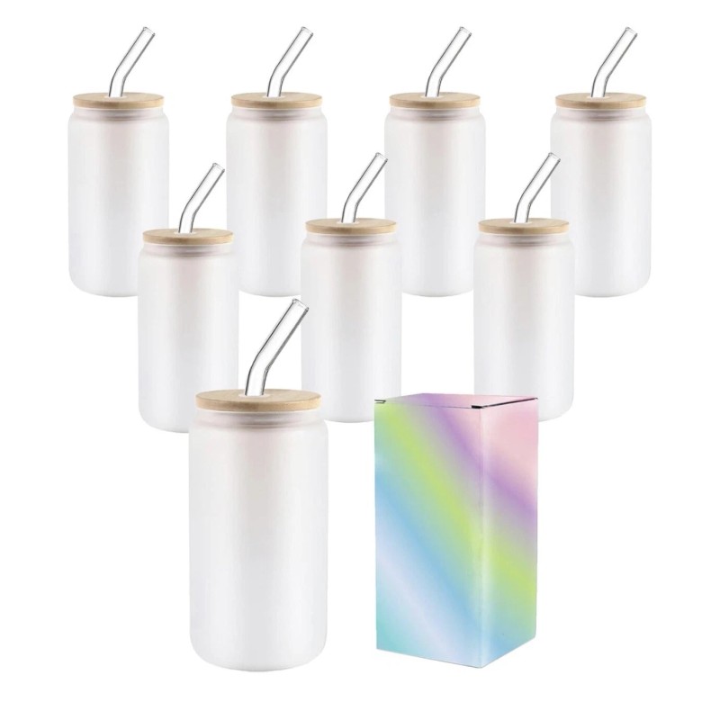 Unbranded Frosted Glass Can With Bamboo Lid And Straw Sublimation