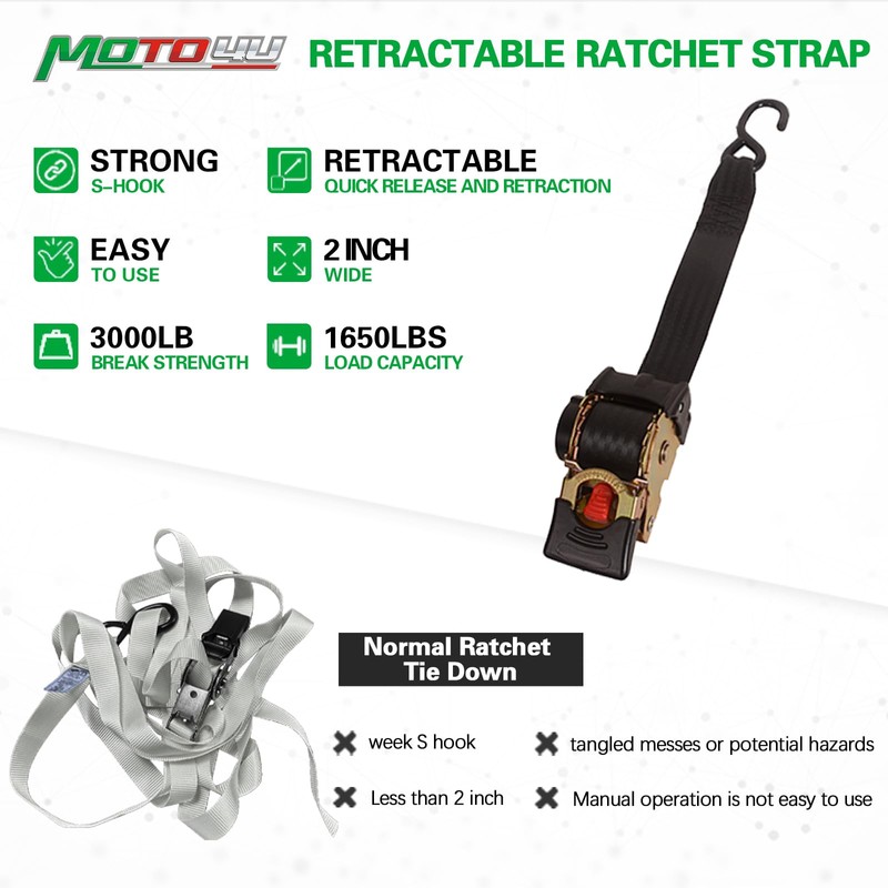 MOTO4U 2PCS Bolt on Retractable Ratchet Straps Heavy Duty Transom