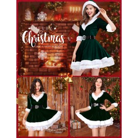 Santa Costume for Women V Neck Hooded Christmas Dress Fluffy Xmas Outfits Mrs. Santa Claus Cosplay Party Dress with Belt and Fishnet Socks Green 4-6