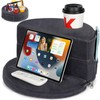 2-in-1 Couch Cup Holder & Adjustable Tablet Stand – Couch Caddy with Cup Holder with 6 Holes & 2 Pockets | Bed Reading Pillow Hands Free Pad Stand for Drinks, Books, Pad, Kindle, Snacks (Grey)