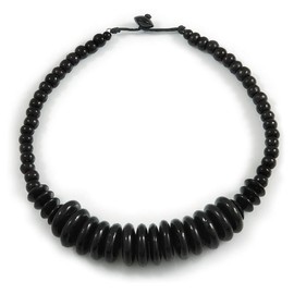 Avalaya Black Button and Round Wood Bead Wire Necklace/ 46cm Long