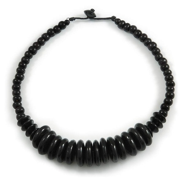 Avalaya Black Button and Round Wood Bead Wire Necklace/ 46cm