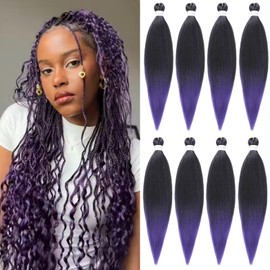 Pre Stretched Braiding Hair Ombre Black To Purple Braiding Hair, 24 Inch 6 Packs Professional Hair Extensions Hot Water Setting Synthetic Fiber Crochet Twist Braids(24Inch,1B/Purple#)