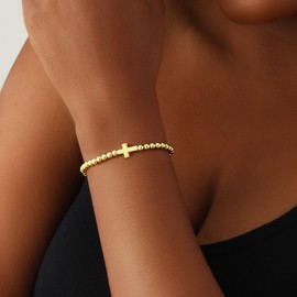 Lisitine Gold Bead Bracelet for Women 14k Gold Plated Beaded Bracelets Gold Stretch Bracelet Jewelry for Women (Cross-Gold)