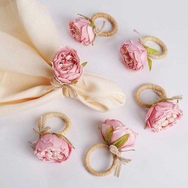 Handcraft Flower Napkin Rings Set of 6,Pink Rose Napkin Rings,Elegant Table Decoration for Mother's Day,Wedding,Dinners,Parties Table Decoration,Daily Party,Picnics,Banquet,Birthday,Christmas