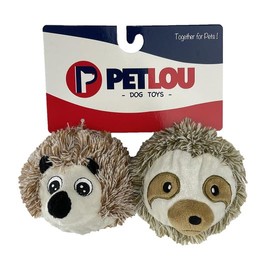 Pet Lou EZ Squeaky Ball Twin Pack, Hedgehog and Sloth, 4-inches Diameter, Brown, Plush, Pet Toys and Supplies