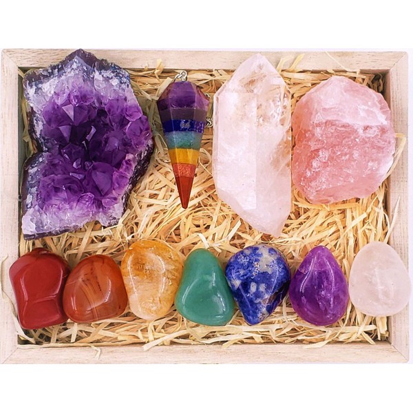 Crystals and Healing Stones Premium Kit in Wooden Box - 7 Chakra Stones Healing Crystals Set, Rose Quartz, Amethyst Cluster, Quartz Points, Chakra Pendulum, 82 Page EBook, 20x6 Guide Poster Gift Ready