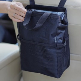 Ginsco New Leak-Proof Travel Trash Bag, Hanging Car Trash Can with Velcro Lid and Handle, Multipurpose Trash Bin with Storage Pockets for Car SUV Truck RV Camping 2 Gallons, Black