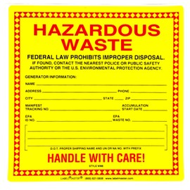 Hazardous Waste Labels, 6 x 6 inches, Red/Black/Yellow, Self-Adhesive Vinyl, Pack of 25